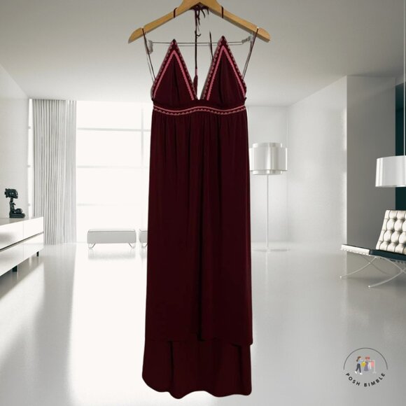 Express Burgundy Halter Maxi Dress with Pink Trim | Size Medium - Picture 2 of 13